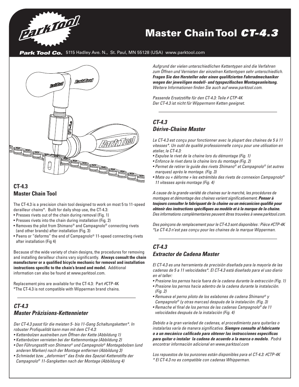 Park Tool Master Chain Tool with Peening Anvil User Manual | 2 pages