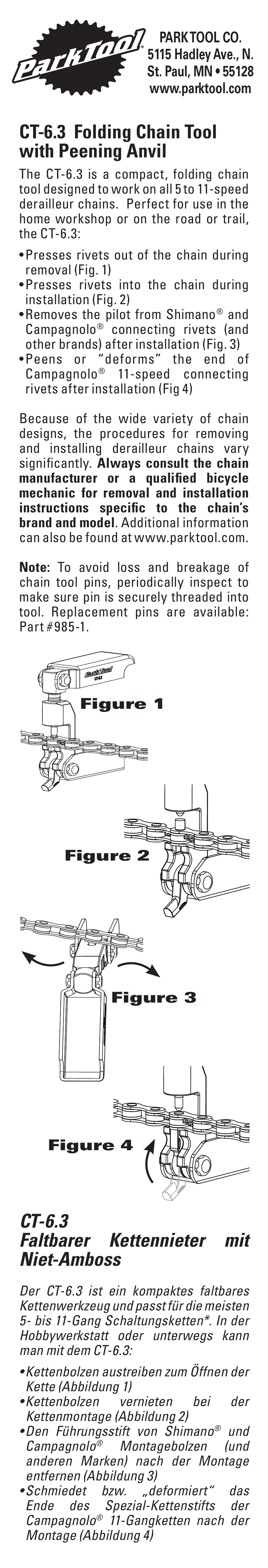 Park Tool Folding Chain Tool with Peening Anvil User Manual | 2 pages