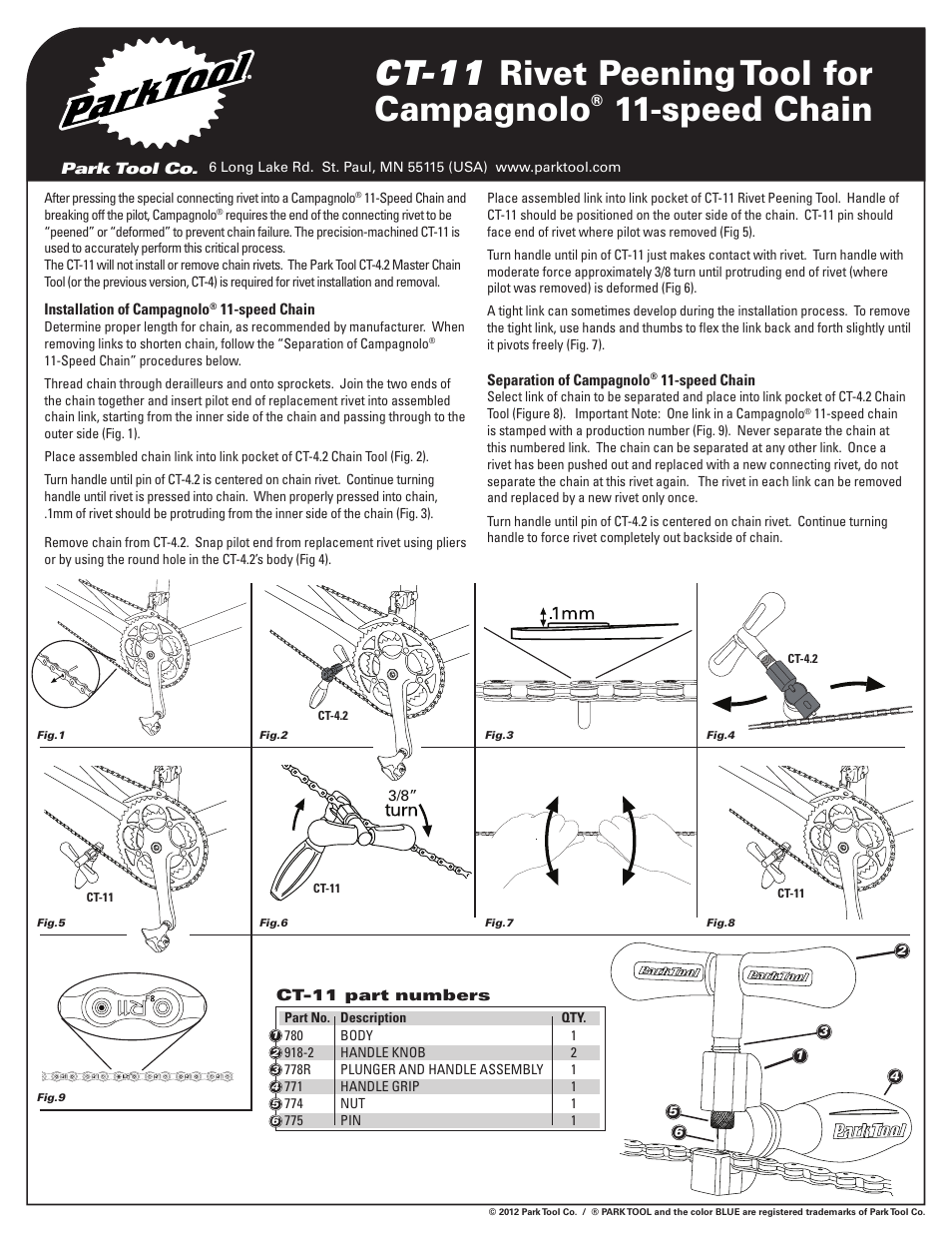 Park Tool Rivet Peening Tool for Campagnolo® 11-speed chain User Manual | 2 pages