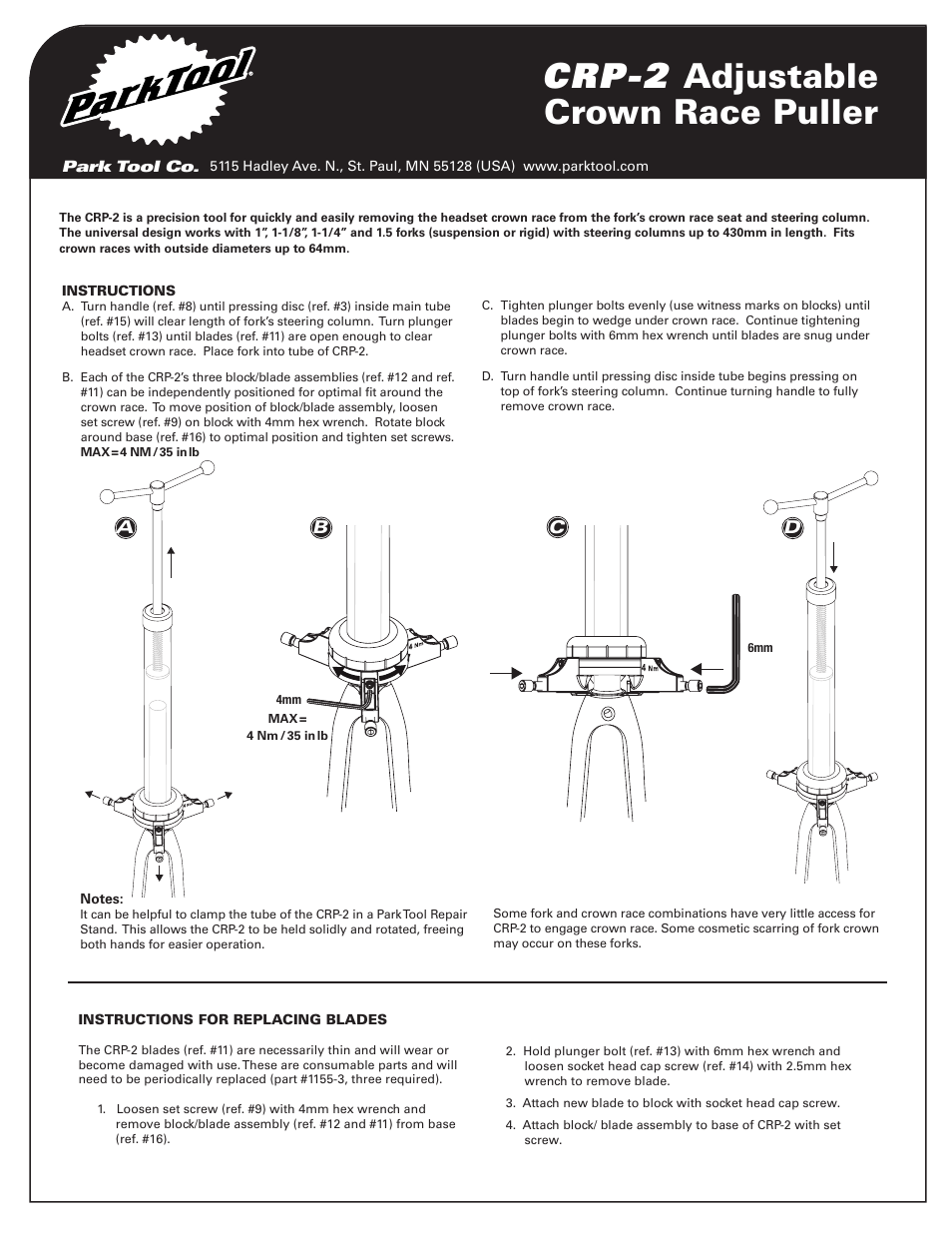 Park Tool Adjustable Crown Race Puller User Manual | 4 pages