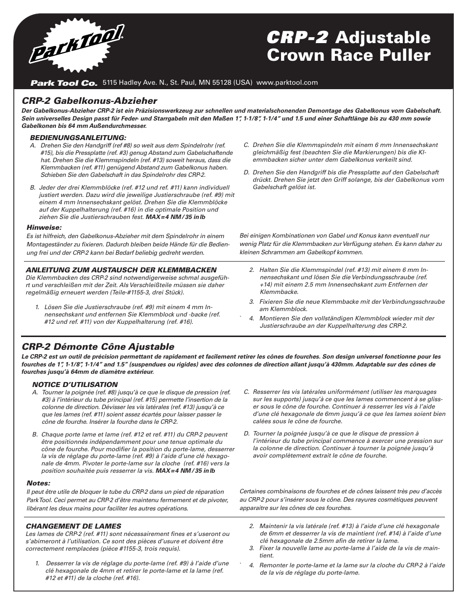 Crp-2 adjustable crown race puller | Park Tool Adjustable Crown Race Puller User Manual | Page 2 / 4