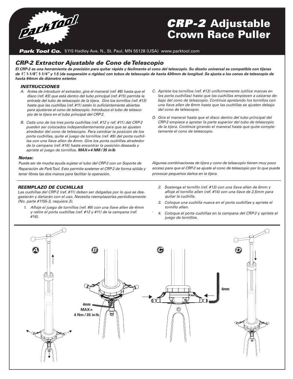 Crp-2 adjustable crown race puller, Crp-2 extractor ajustable de cono de telescopio, Ab c d | Park Tool Adjustable Crown Race Puller User Manual | Page 3 / 4