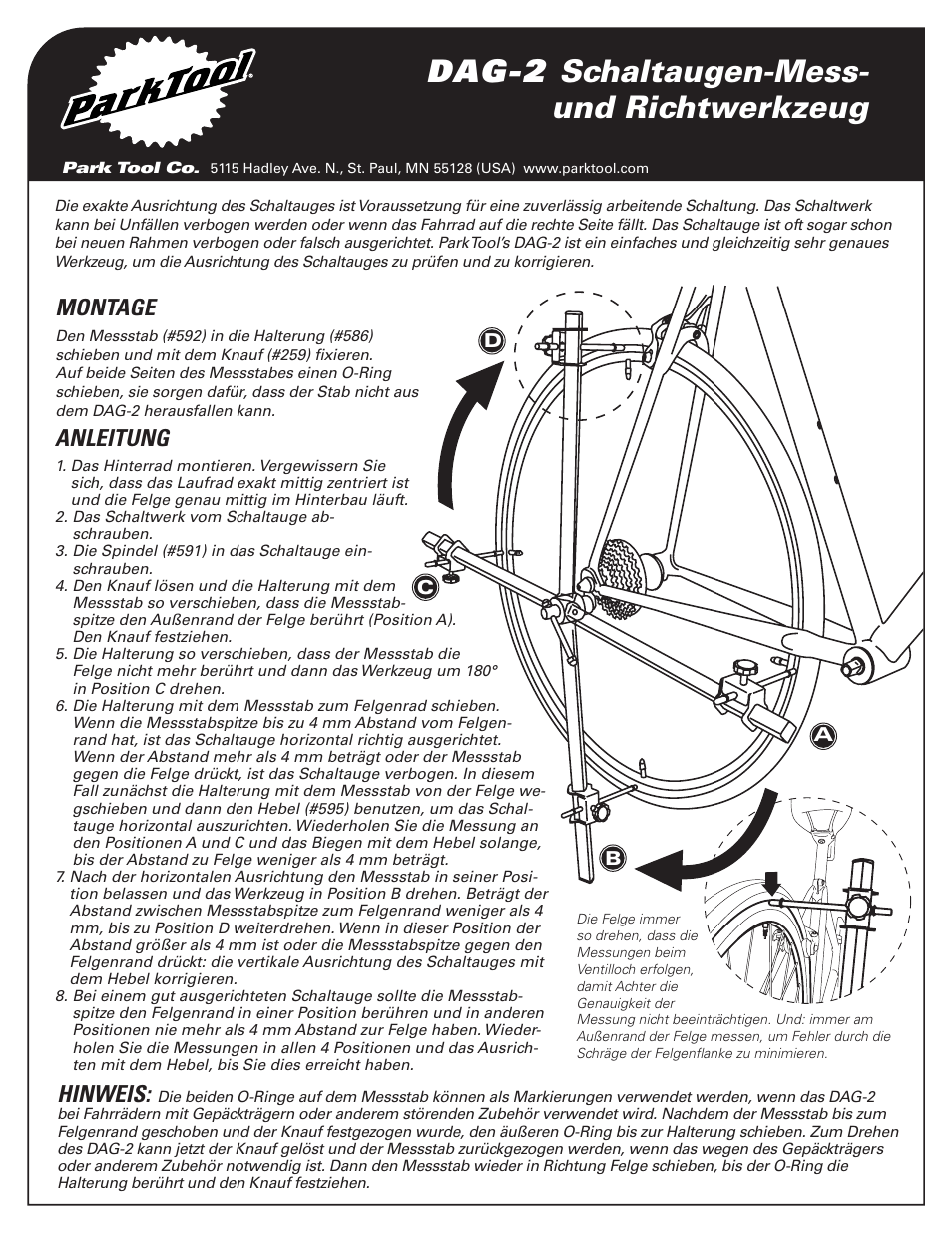 Dag-2 schaltaugen-mess- und richtwerkzeug, Montage, Anleitung | Hinweis | Park Tool Derailleur Hanger Alignment Gauge User Manual | Page 2 / 6