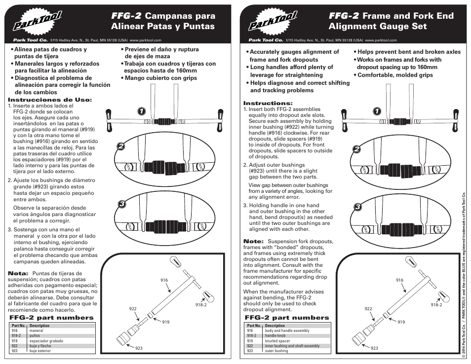 Park Tool Frame and Fork End Alignment Gauge Set User Manual | 2 pages