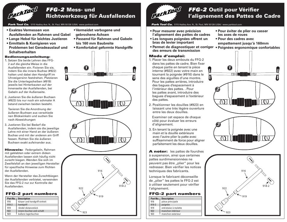 Ffg-2 mess- und richtwerkzeug für ausfallenden | Park Tool Frame and Fork End Alignment Gauge Set User Manual | Page 2 / 2