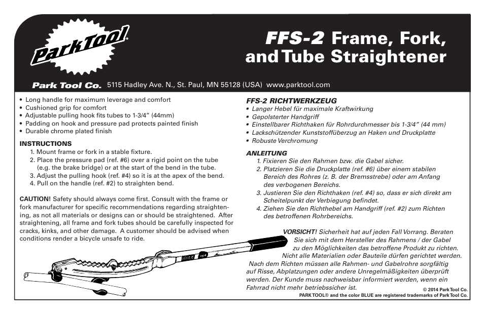 Park Tool Frame and Fork Straightener User Manual | 2 pages