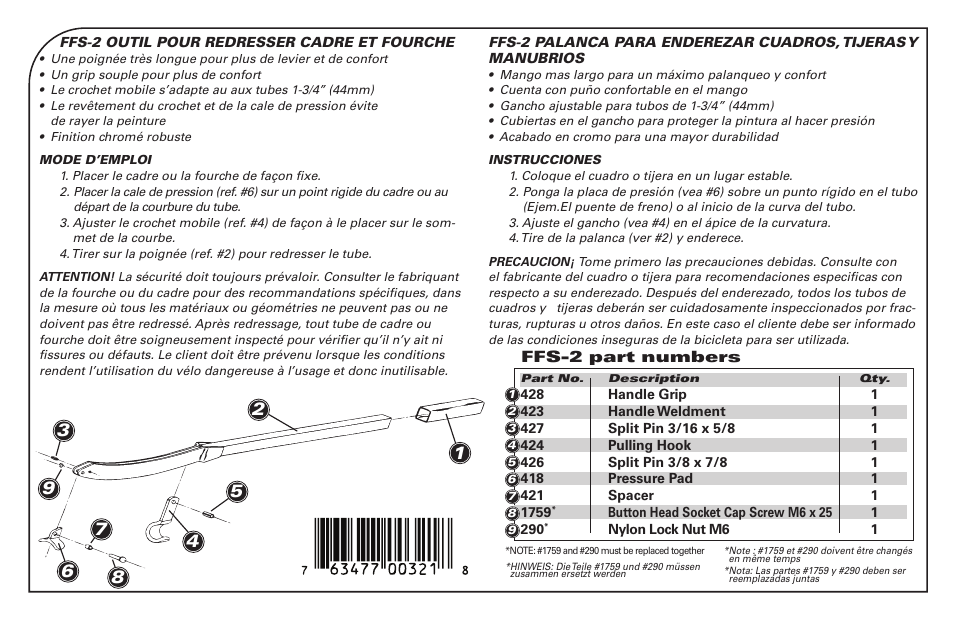 Ffs-2 frame, fork, and tube straightener | Park Tool Frame and Fork Straightener User Manual | Page 2 / 2
