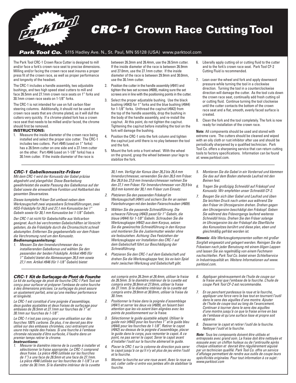 Park Tool CRC-1 User Manual | 2 pages