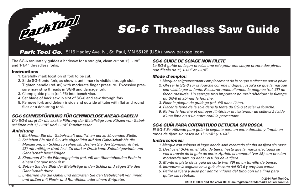 Park Tool SG-6 User Manual | 2 pages