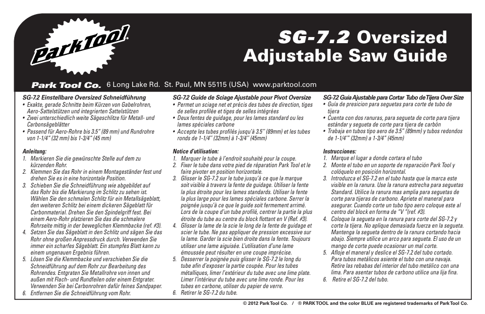 Sg-7.2 oversized adjustable saw guide | Park Tool SG-7.2 User Manual | Page 2 / 2