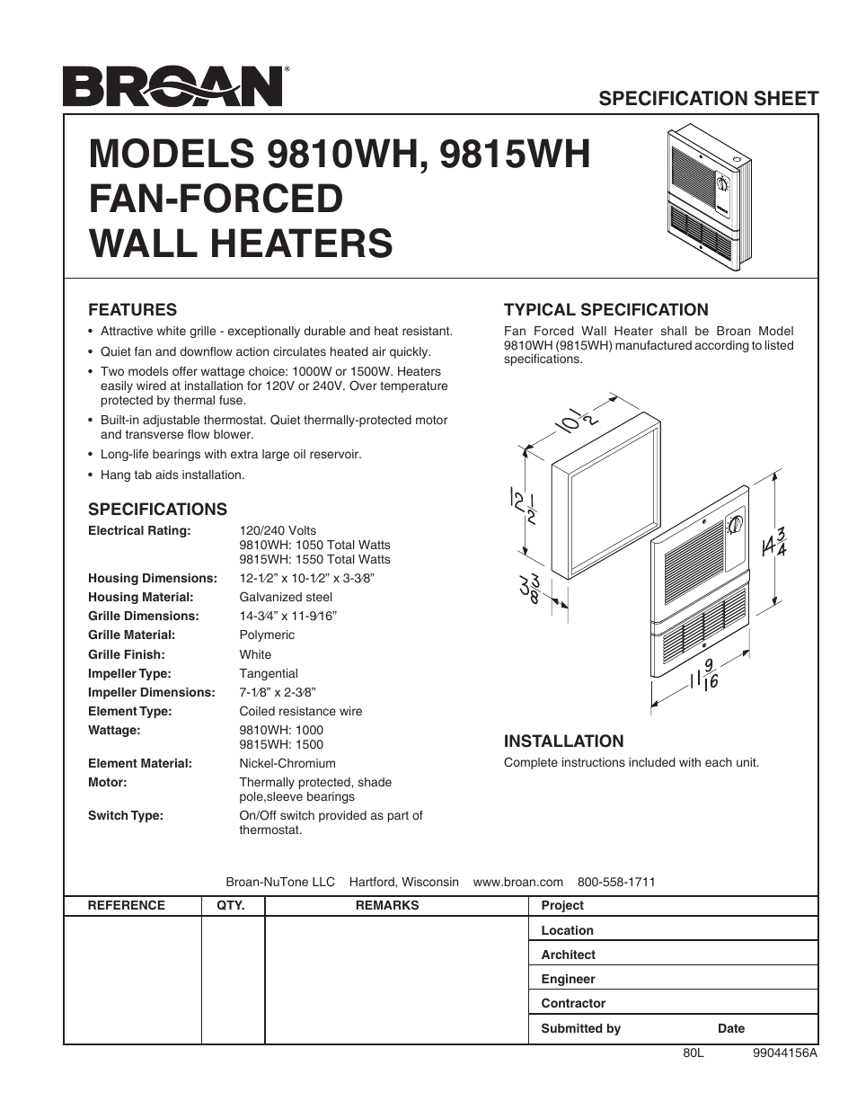 Broan 9815WH User Manual | 1 page