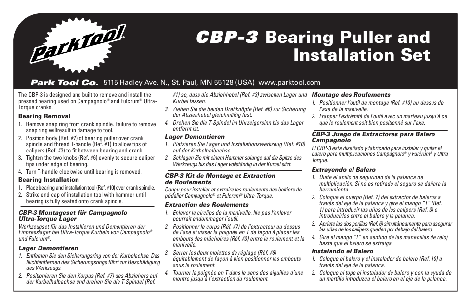 Cbp-3 bearing puller and installation set, Park tool co | Park Tool CBP-3 User Manual | Page 2 / 2