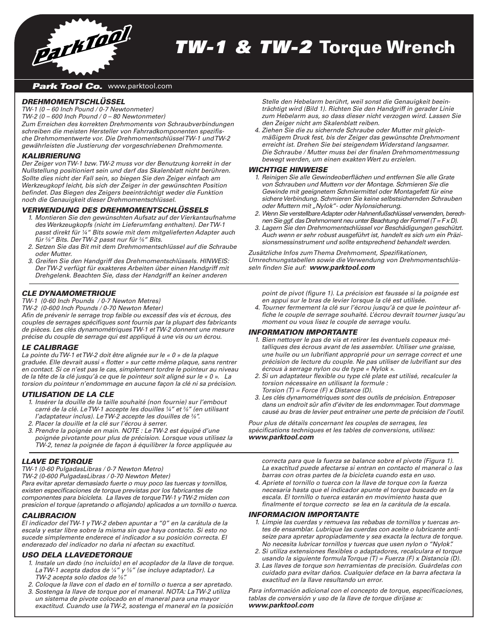 Tw-1 & tw-2 torque wrench | Park Tool TW-2 User Manual | Page 2 / 2