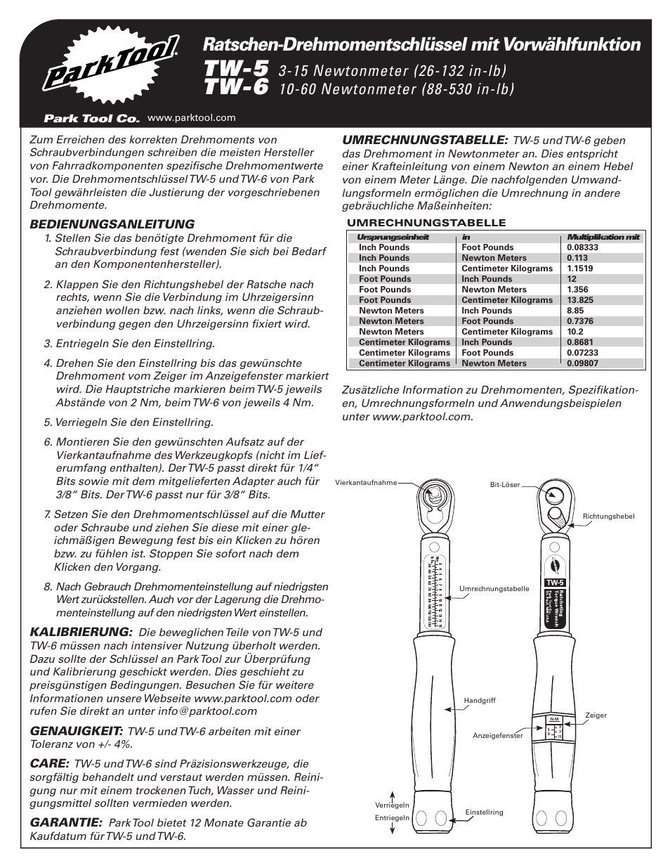 Tw-5, Tw-6, Ratschen-drehmomentschlüssel mit vorwählfunktion | Park Tool TW-6 User Manual | Page 3 / 4