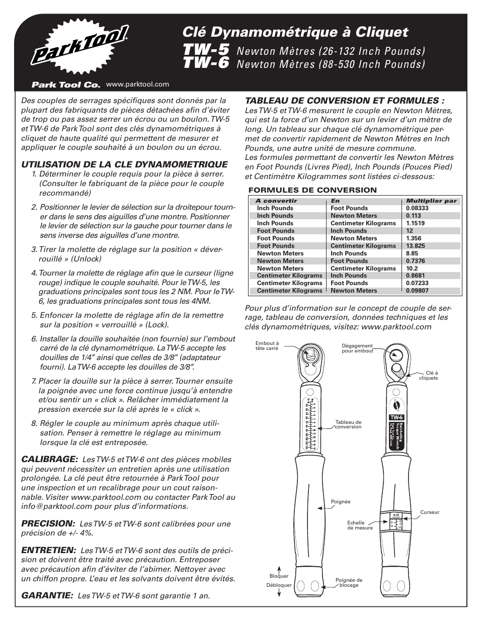 Tw-5, Tw-6, Clé dynamométrique à cliquet | Park Tool TW-6 User Manual | Page 4 / 4