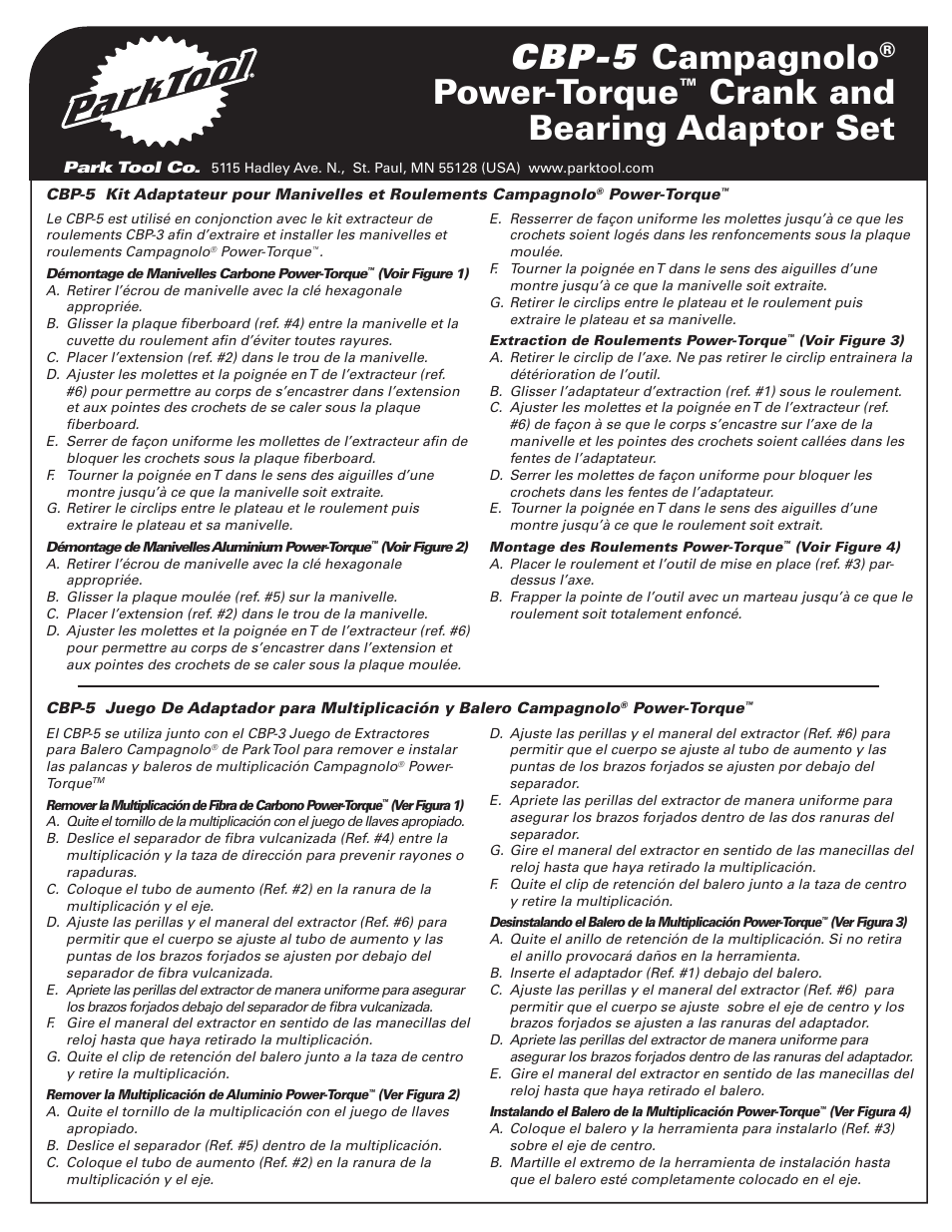 Cbp-5 campagnolo, Power-torque, Crank and bearing adaptor set | Park Tool CBP-5 User Manual | Page 2 / 4