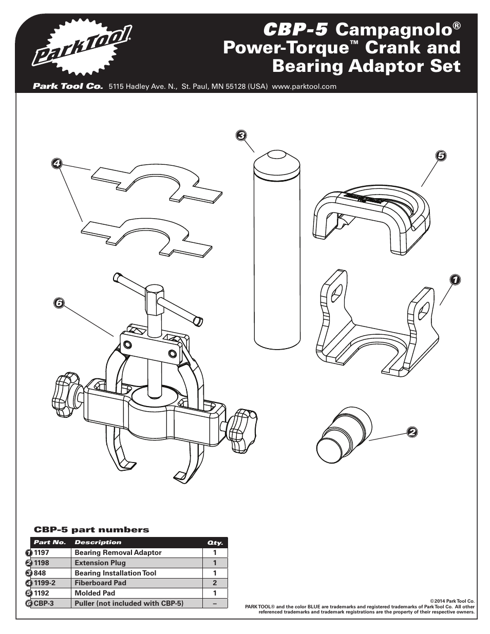 Cbp-5 campagnolo, Power-torque, Crank and bearing adaptor set | Park Tool CBP-5 User Manual | Page 4 / 4