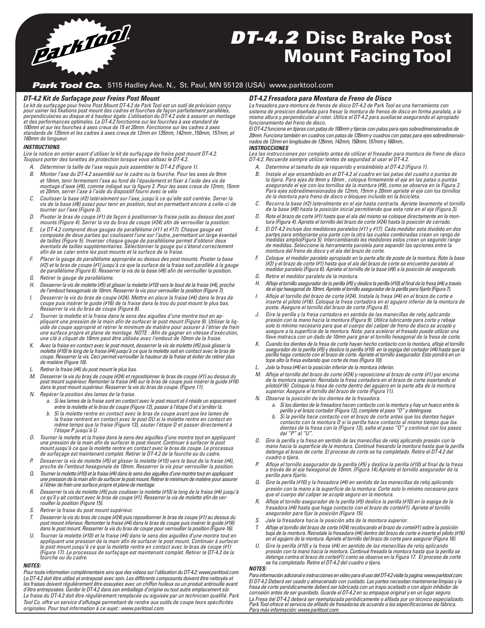 Dt-4.2 disc brake post mount facing tool, Park tool co | Park Tool DT-4.2 User Manual | Page 2 / 4