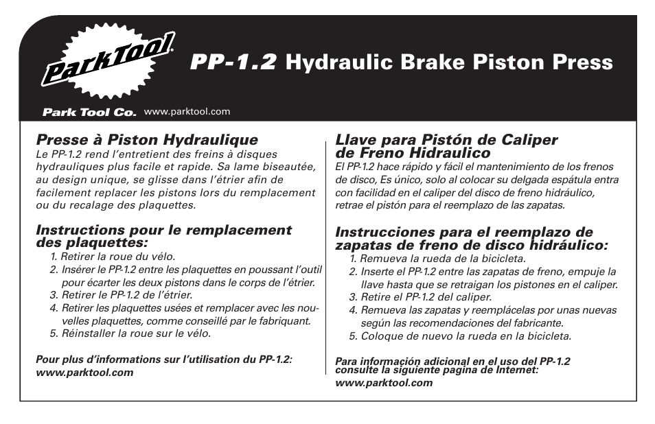 Pp-1.2 hydraulic brake piston press, Presse à piston hydraulique, Llave para pistón de caliper de freno hidraulico | Instructions pour le remplacement des plaquettes | Park Tool PP-1.2 User Manual | Page 2 / 2