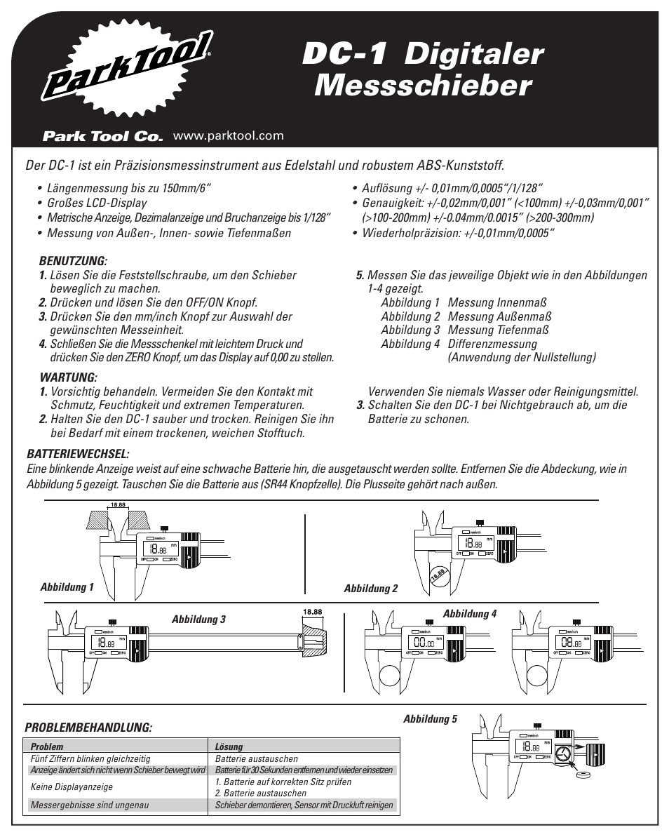 Dc-1 digitaler messschieber | Park Tool DC-1 User Manual | Page 2 / 4