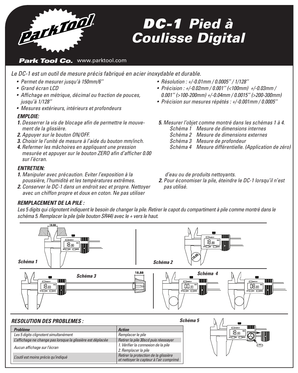 Dc-1 pied à coulisse digital | Park Tool DC-1 User Manual | Page 3 / 4