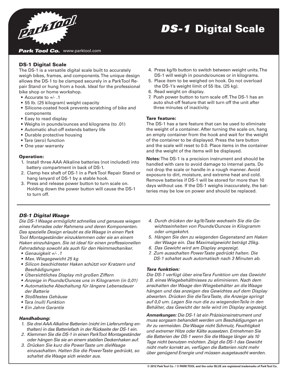 Park Tool DS-1 User Manual | 2 pages