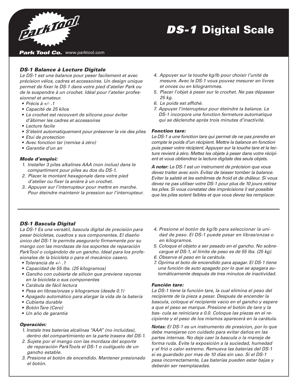 Ds-1 digital scale | Park Tool DS-1 User Manual | Page 2 / 2