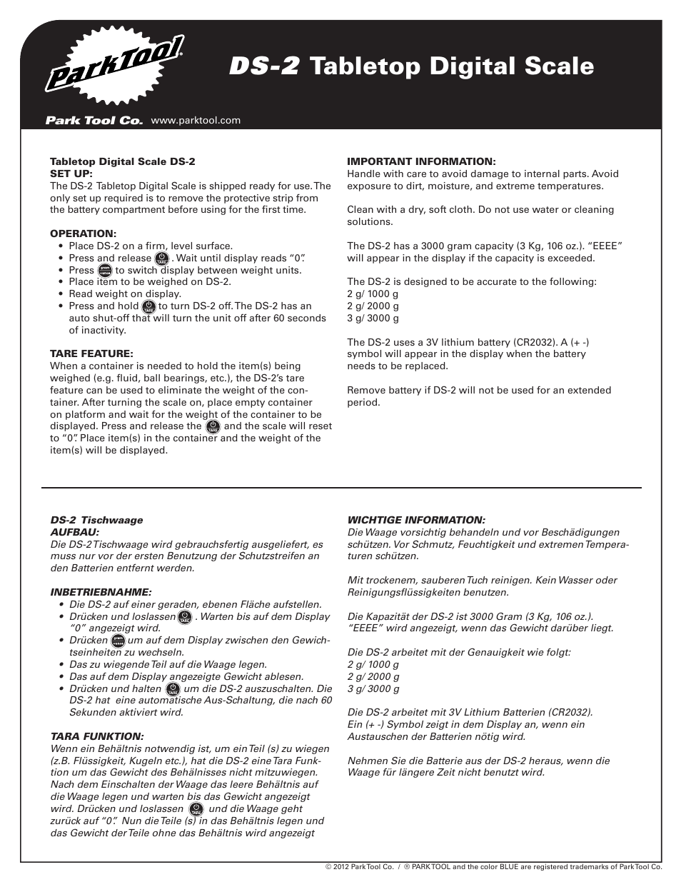 Park Tool DS-2 User Manual | 2 pages