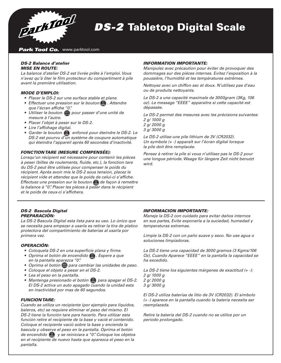 Ds-2 tabletop digital scale | Park Tool DS-2 User Manual | Page 2 / 2