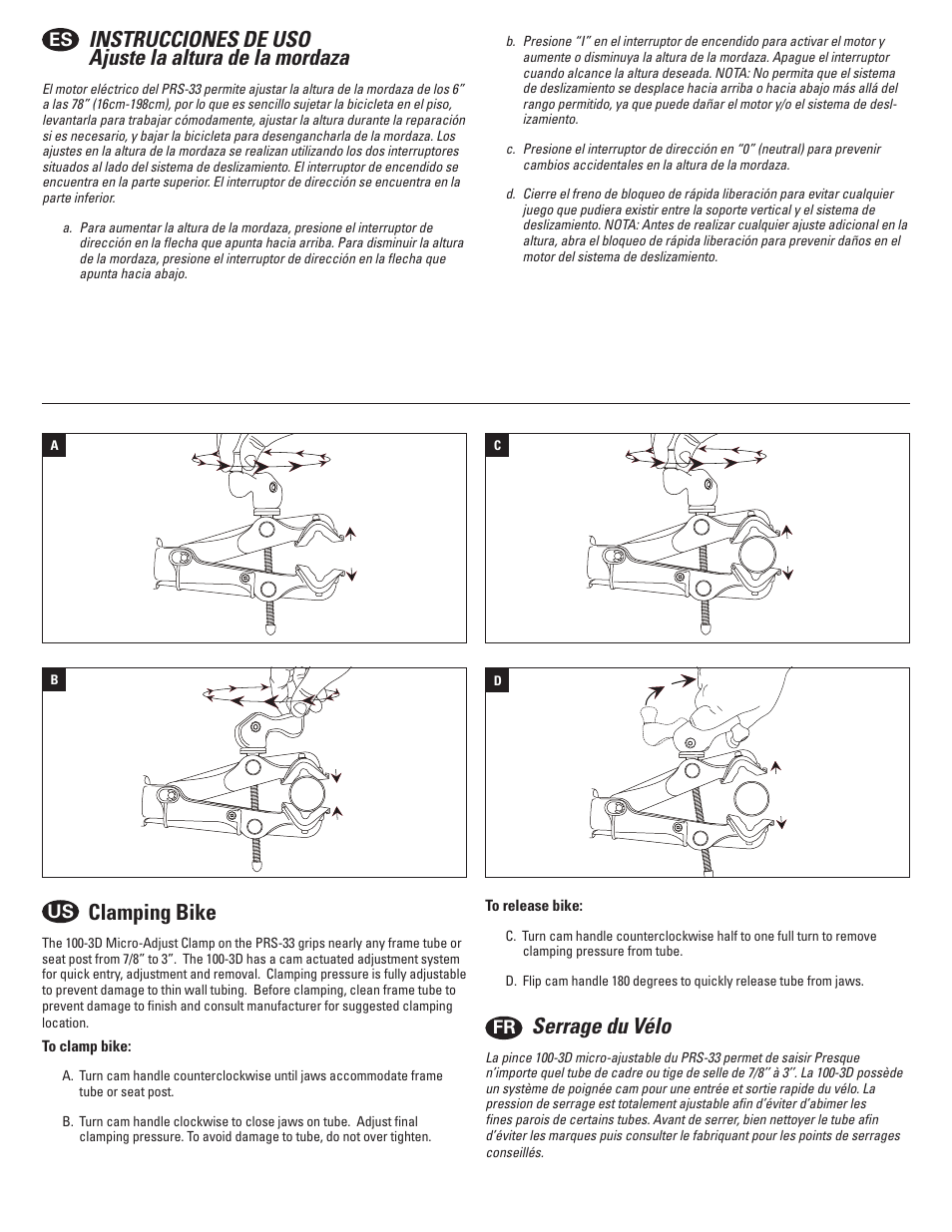 Clamping bike, Serrage du vélo | Park Tool PRS-33AOK User Manual | Page 15 / 20