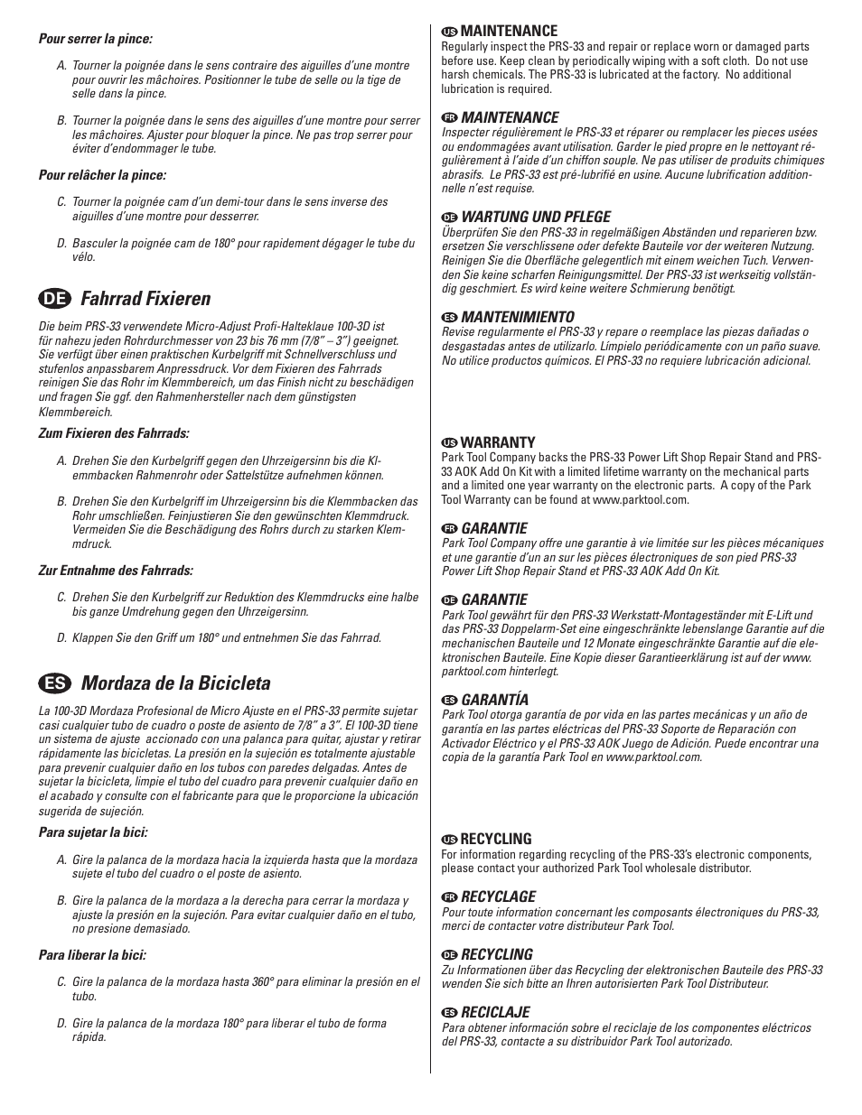 Fahrrad fixieren, Mordaza de la bicicleta | Park Tool PRS-33AOK User Manual | Page 16 / 20
