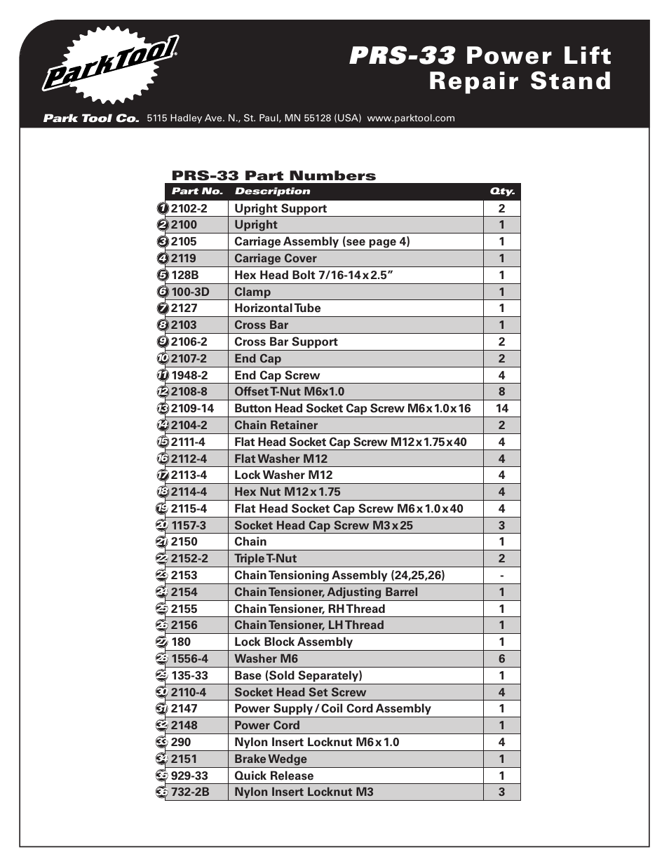 Prs-33 power lift repair stand | Park Tool PRS-33AOK User Manual | Page 2 / 20