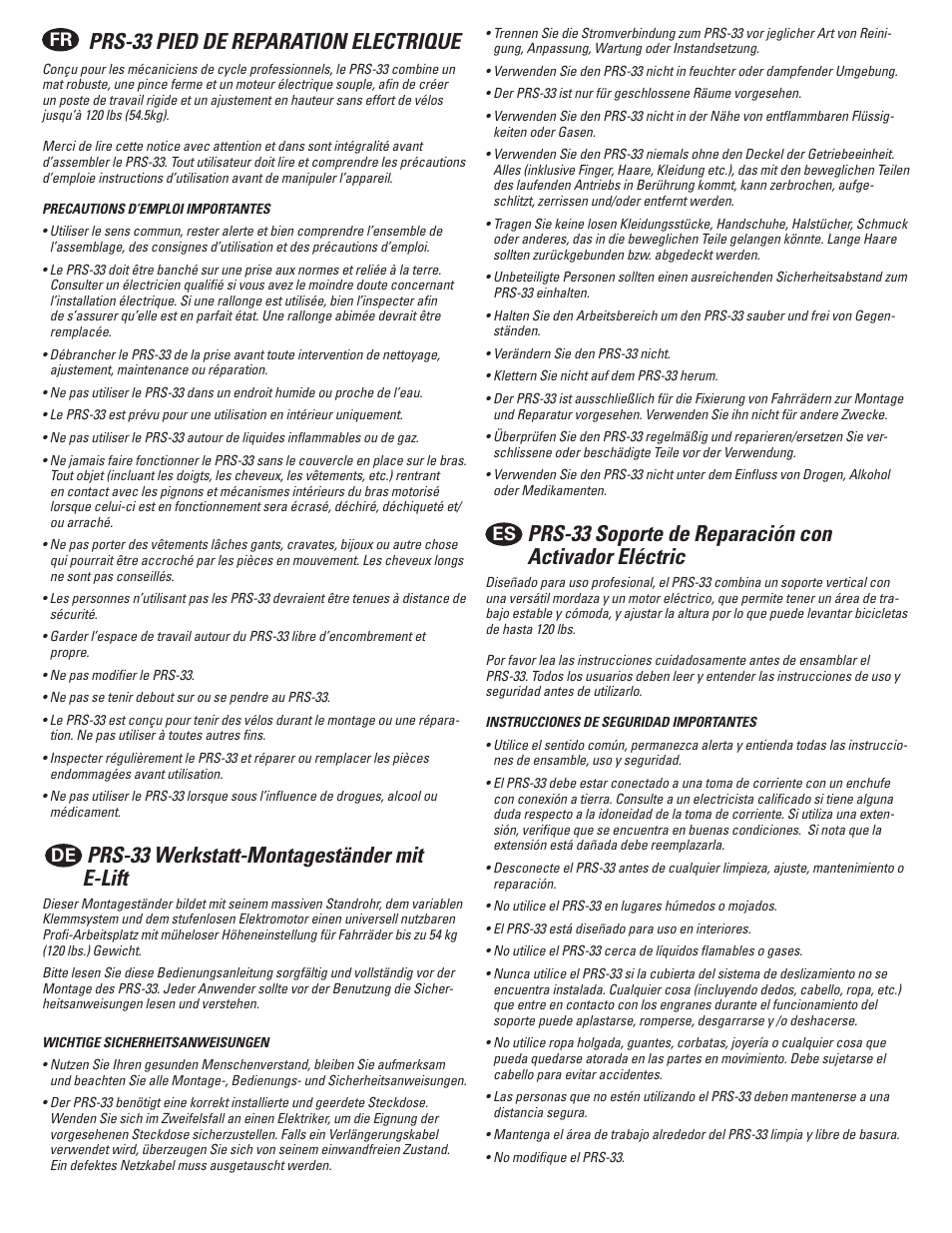 Prs-33 power lift repair stand, Prs-33 pied de reparation electrique, Prs-33 werkstatt-montageständer mit e-lift | Park Tool PRS-33AOK User Manual | Page 5 / 20