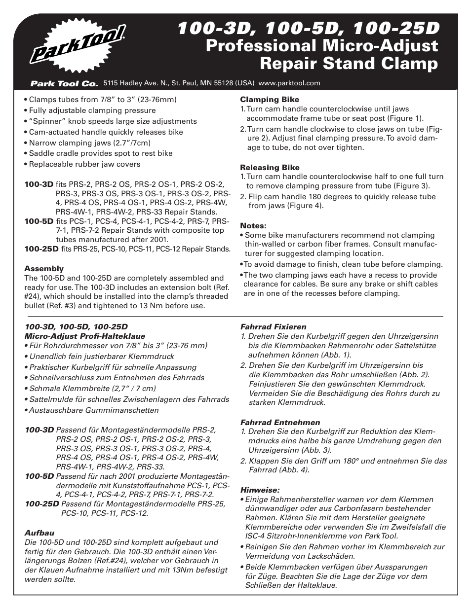 Park Tool 100-25D User Manual | 4 pages