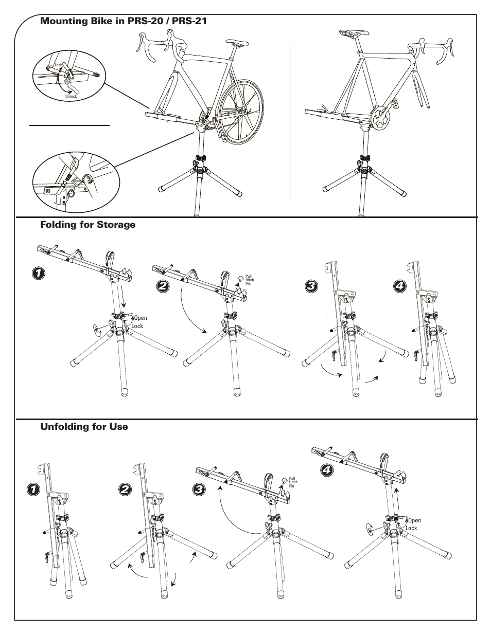 Mounting bike in prs-20 / prs-21, Folding for storage unfolding for use | Park Tool PRS-21 User Manual | Page 2 / 4