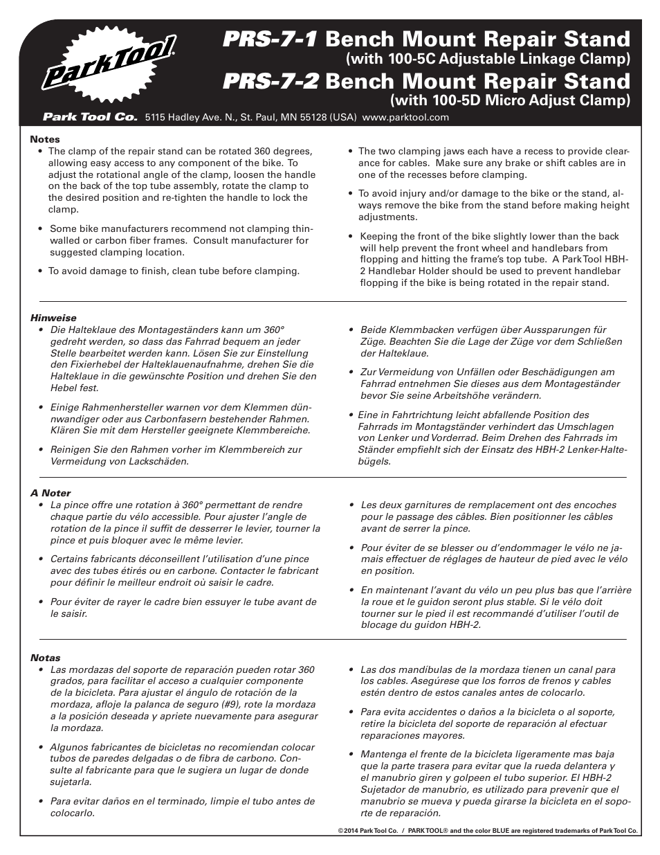 Park Tool PRS-7-2 User Manual | 2 pages