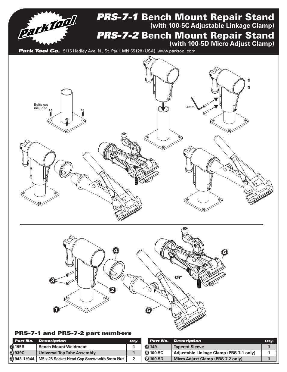 Prs-7-1 bench mount repair stand, Prs-7-2 bench mount repair stand, With 100-5c adjustable linkage clamp) | With 100-5d micro adjust clamp) | Park Tool PRS-7-2 User Manual | Page 2 / 2