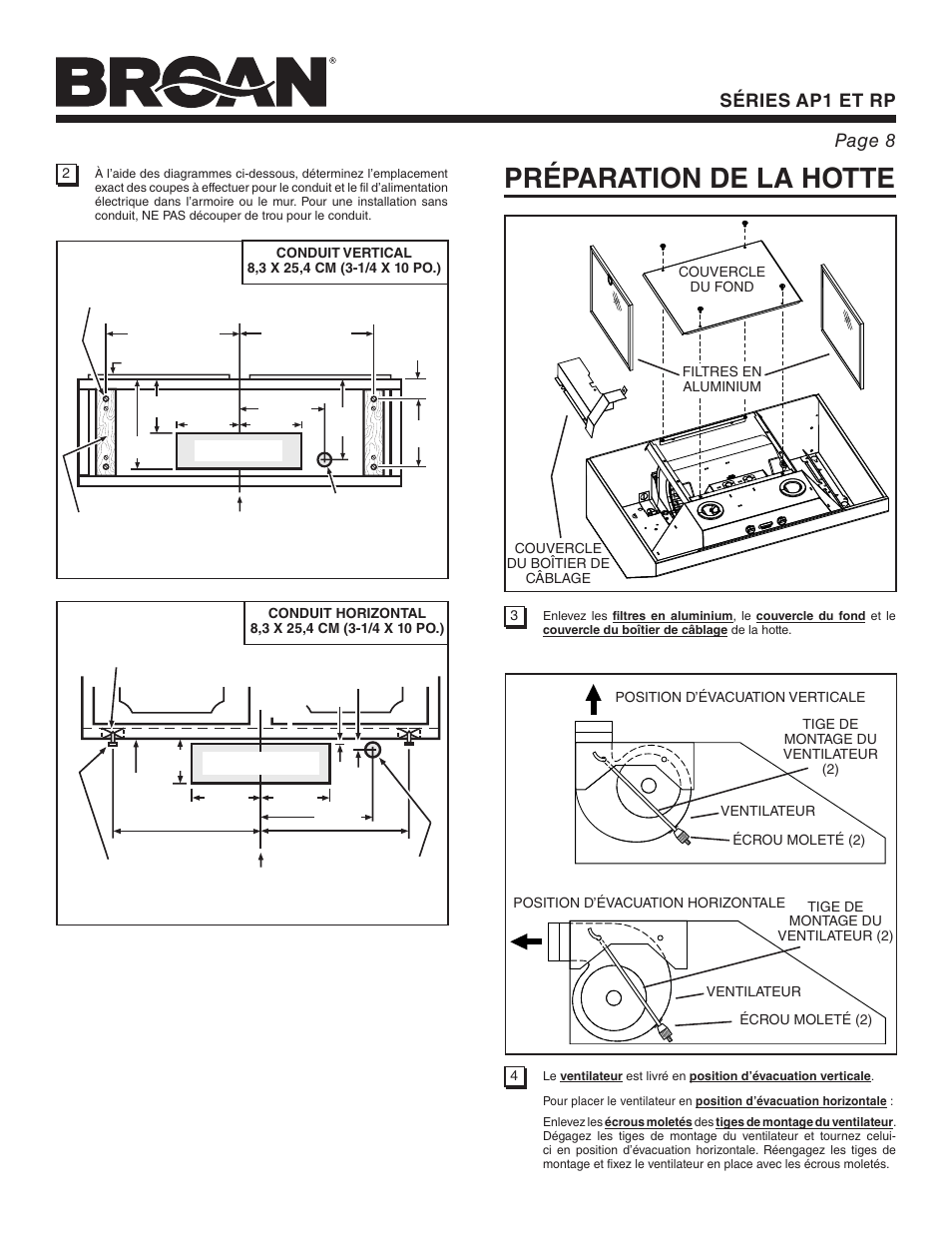 Préparation de la hotte, Séries ap1 et rp page 8 | Broan RP User Manual | Page 8 / 16