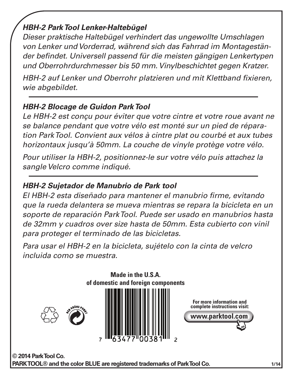 Park Tool HBH-2 User Manual | Page 2 / 2