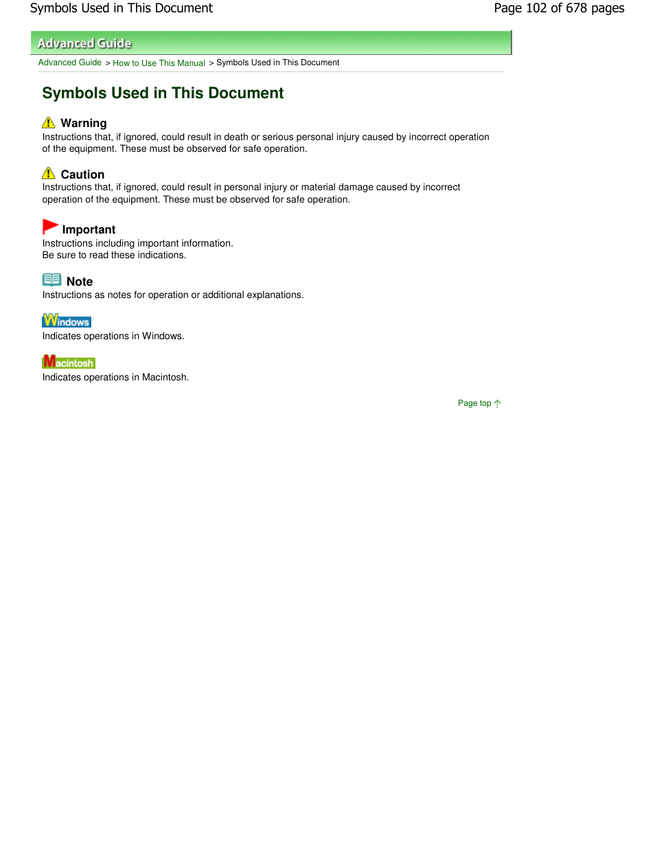 Symbols used in this document | Canon PIXMA MP250 User Manual | Page 102 / 678