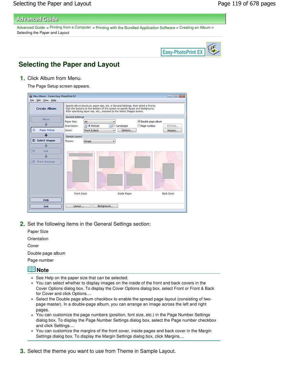 Selecting the paper and layout | Canon PIXMA MP250 User Manual | Page 119 / 678