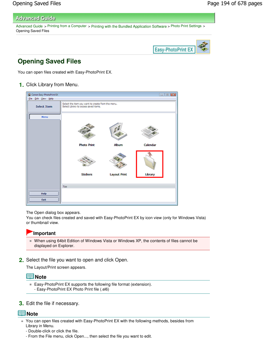 Opening saved files | Canon PIXMA MP250 User Manual | Page 194 / 678