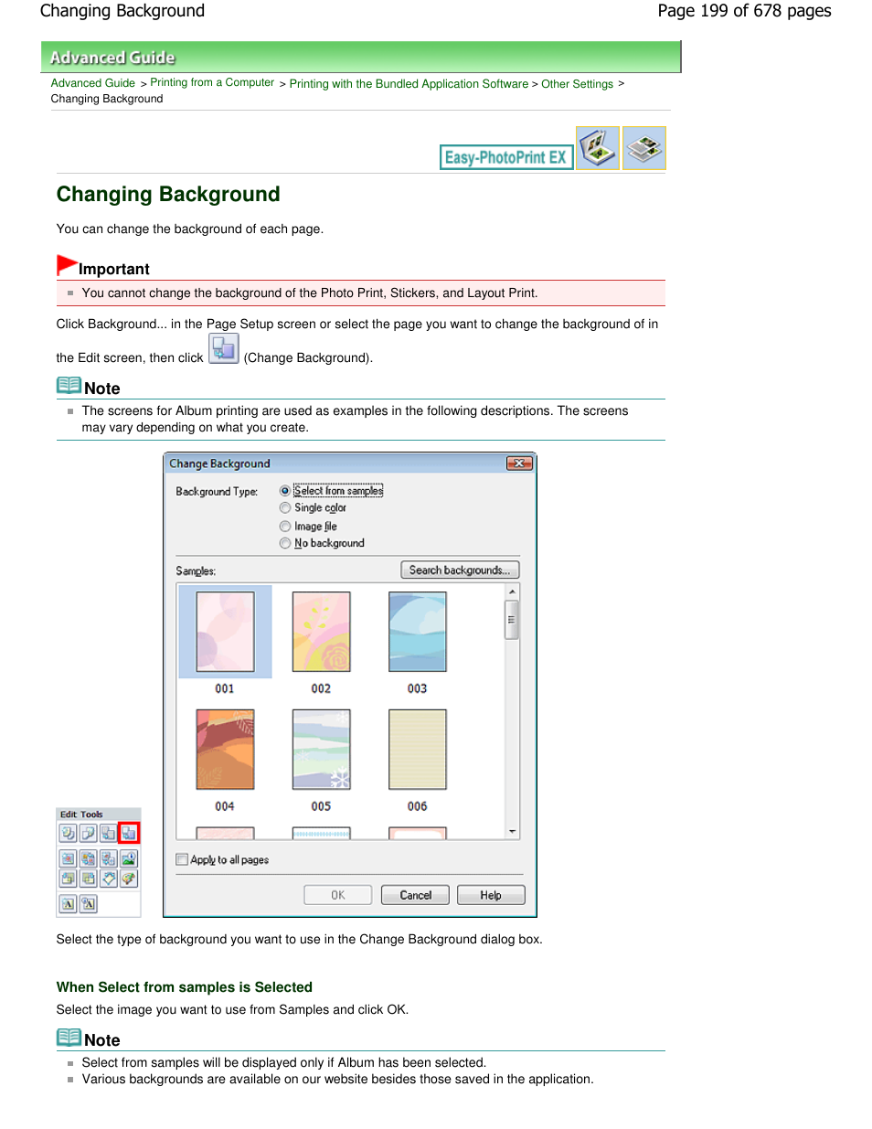 Changing background | Canon PIXMA MP250 User Manual | Page 199 / 678