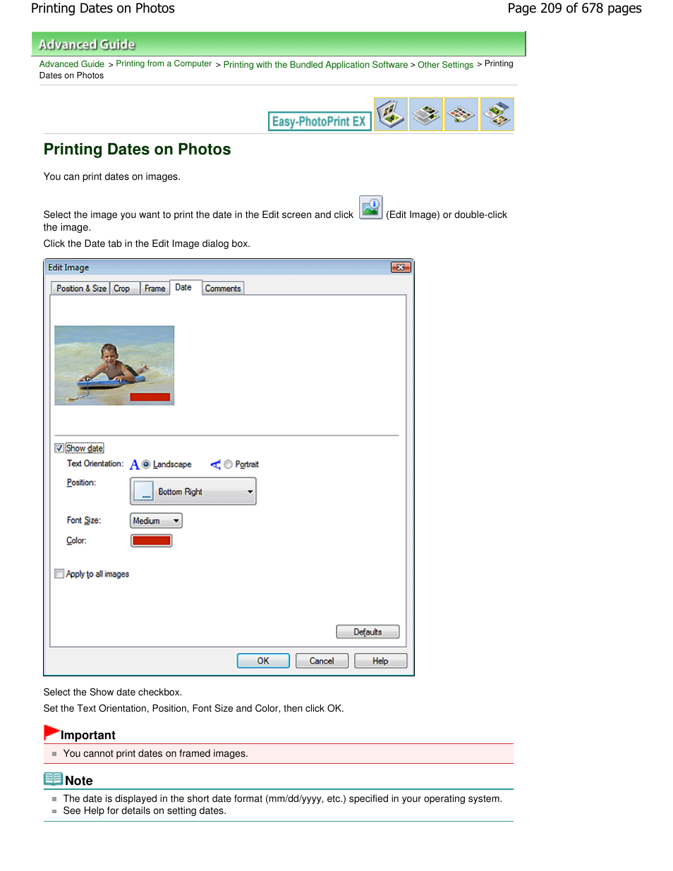 Printing dates on photos | Canon PIXMA MP250 User Manual | Page 209 / 678