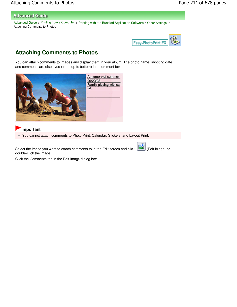 Attaching comments to photos | Canon PIXMA MP250 User Manual | Page 211 / 678