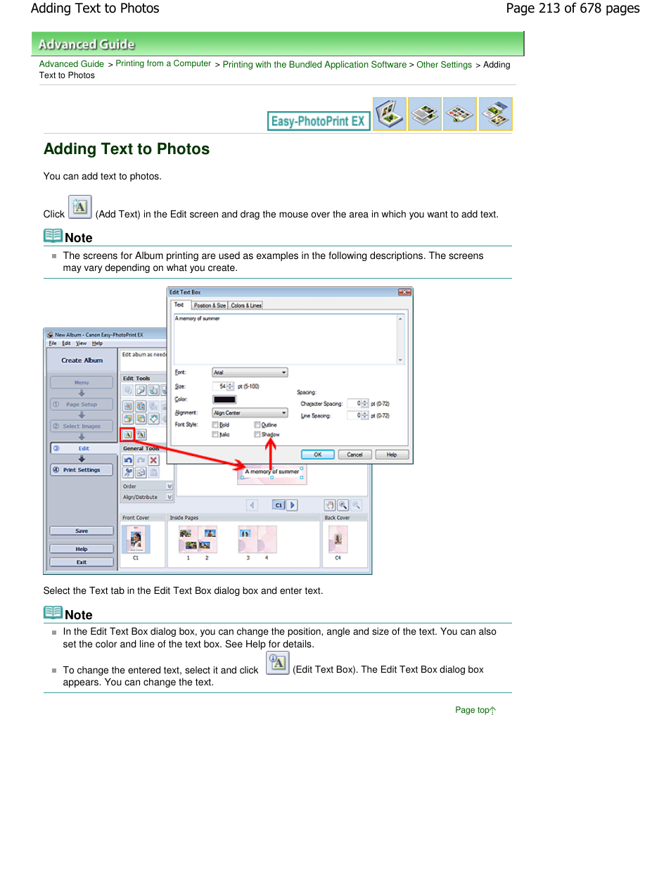 Adding text to photos | Canon PIXMA MP250 User Manual | Page 213 / 678