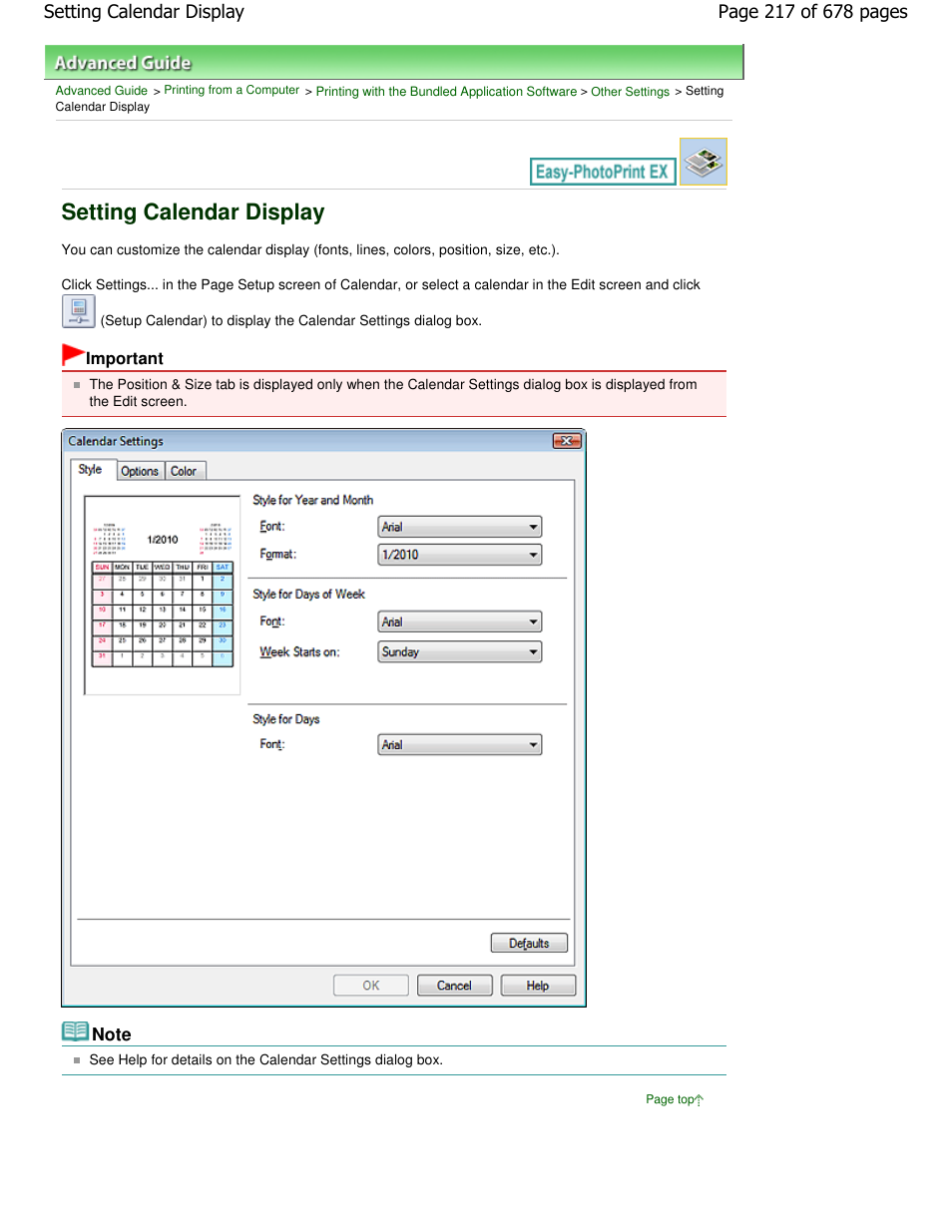 Setting calendar display | Canon PIXMA MP250 User Manual | Page 217 / 678