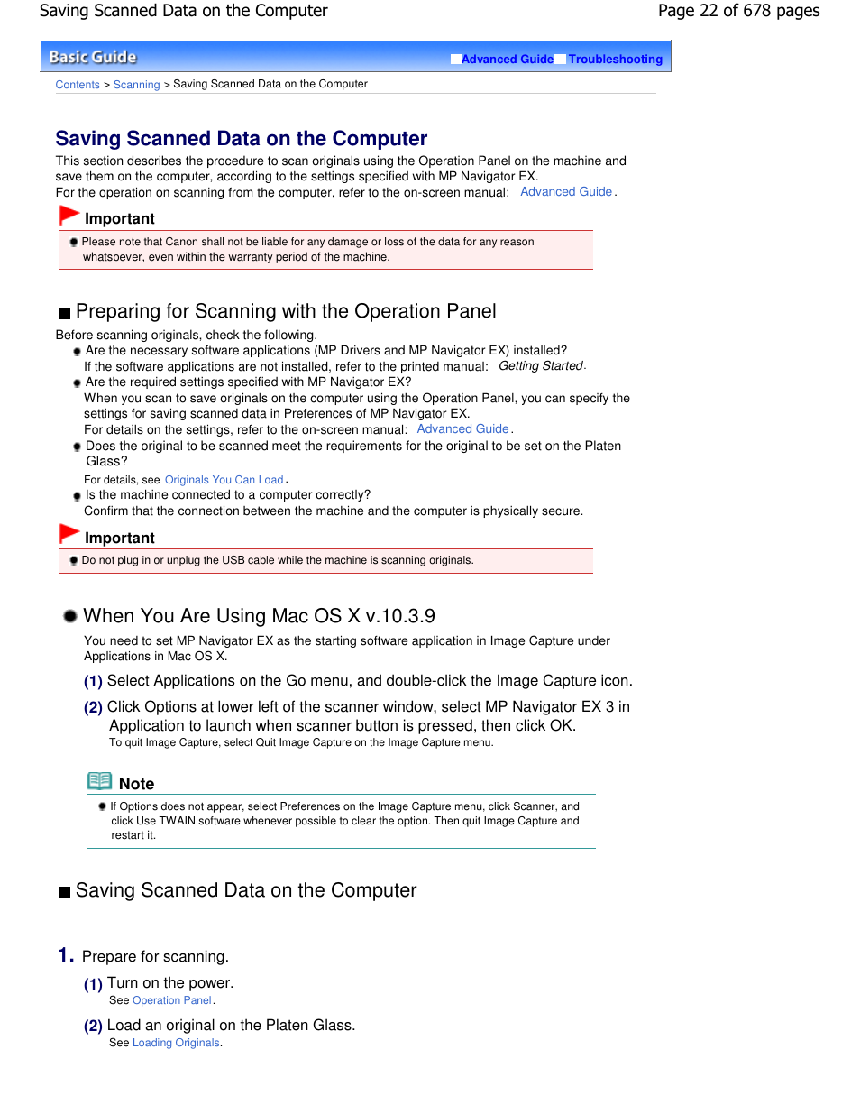 Saving scanned data on the computer, Preparing for scanning with the operation panel, When you are using mac os x v.10.3.9 | Canon PIXMA MP250 User Manual | Page 22 / 678