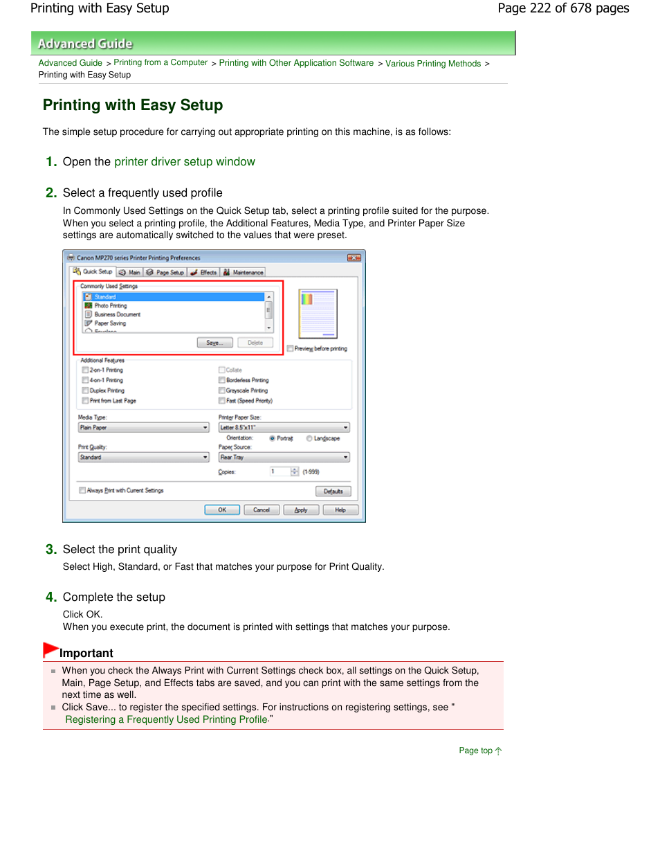 Printing with easy setup | Canon PIXMA MP250 User Manual | Page 222 / 678