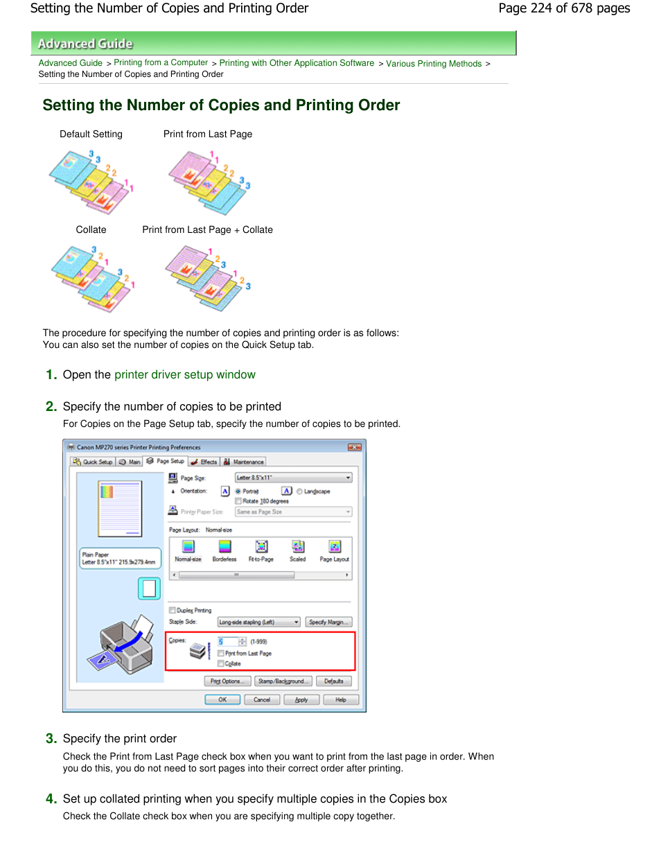 Setting the number of copies and printing order | Canon PIXMA MP250 User Manual | Page 224 / 678